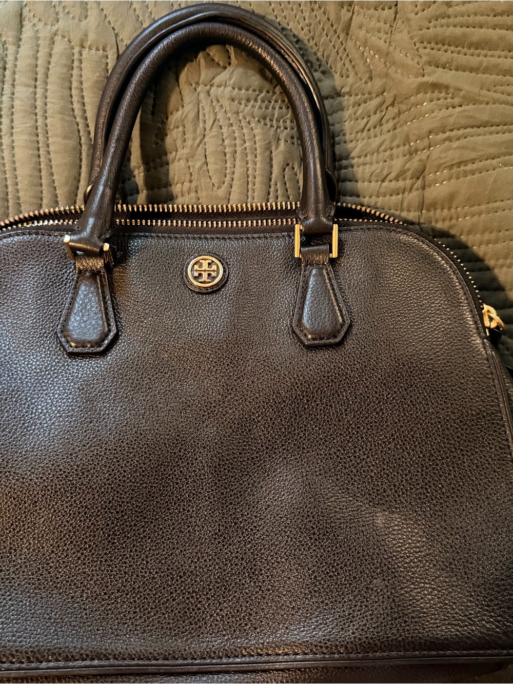 Tory Burch Black Robinson Pebbled Leather Dome Satchel with Gold Hardware